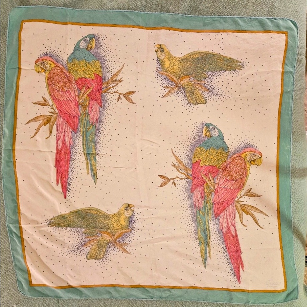 Gucci Pink Green Yellow Parrots Silk Scarf 32 X 32. Authentic. Logo